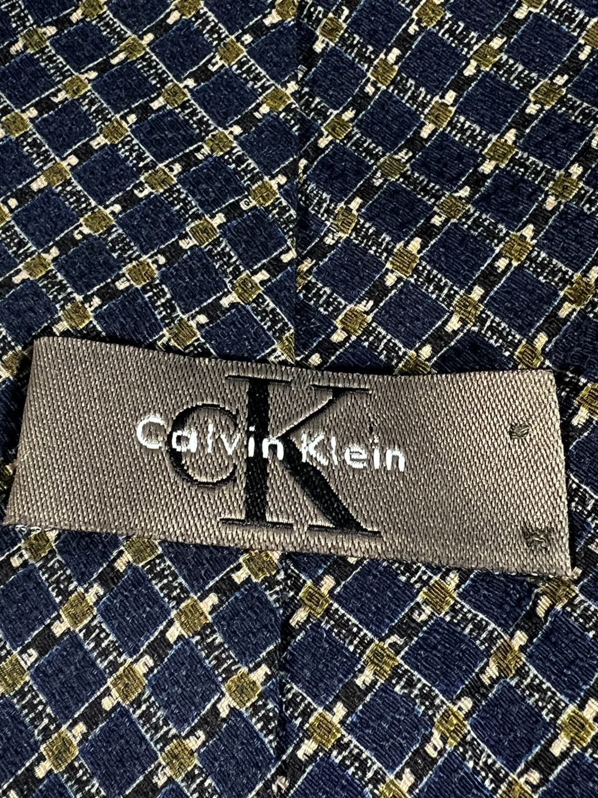 Calvin Klein Necktie Tie Silk Vintage Navy Blue Textured Small Check Pattern - Thumbnail 5