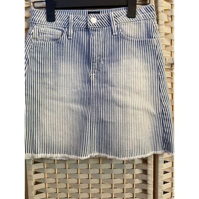 JustBlack Pinstripe Denim Mini Skirt XS White Blue Classic Frayed Hemline - Thumbnail 2