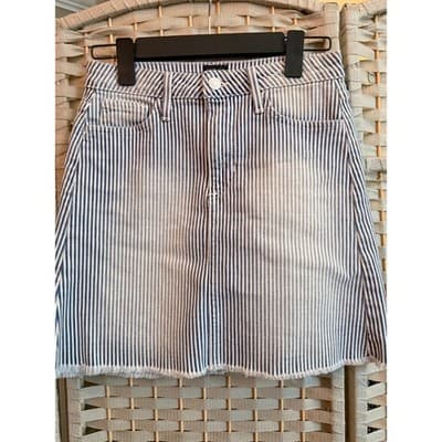 JustBlack Pinstripe Denim Mini Skirt XS White Blue Classic Frayed Hemline - Thumbnail 4
