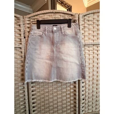 JustBlack Pinstripe Denim Mini Skirt XS White Blue Classic Frayed Hemline - Thumbnail 3
