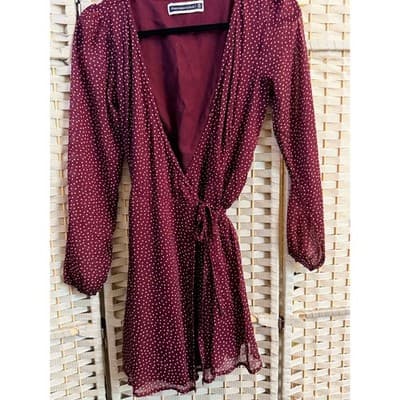 Abercrombie & Fitch Wrap Summer Dress XS Maroon Polka Dots Long Sleeve Mini - Thumbnail 3