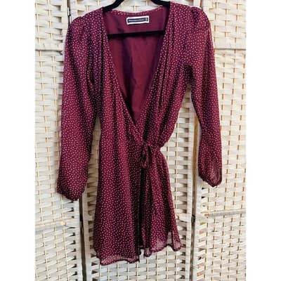 Abercrombie & Fitch Wrap Summer Dress XS Maroon Polka Dots Long Sleeve Mini - Thumbnail 2