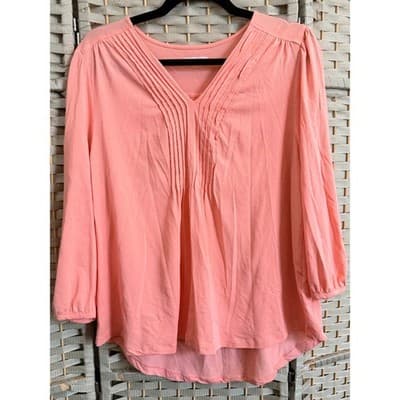 Lands End Lightweight Jersey Pintuck Pleach Blouse Large Peach V Neckline - Thumbnail 2