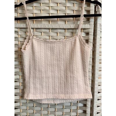 SHEIN MOD Lace Trim Knit Camisole Tank Top Beige XS Bow Detail Scoop Neckline - Thumbnail 7