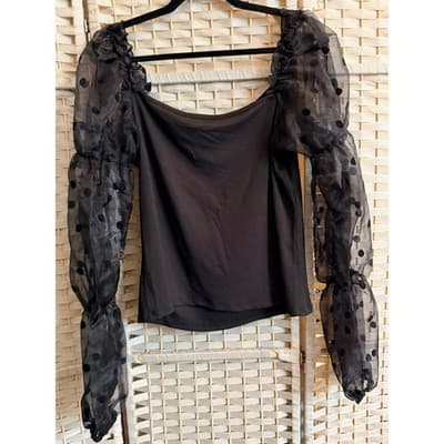 Eloquii Square Neckline Blouse Large Black NWOT Puff Sheer Polka Dot Sleeve - Thumbnail 9