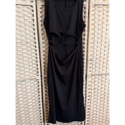 Women’s Black Cutout Bodycon Midi Dress Large Sleeveless Sexy Clubwear - Thumbnail 2