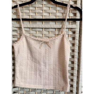 SHEIN MOD Lace Trim Knit Camisole Tank Top Beige XS Bow Detail Scoop Neckline - Thumbnail 2