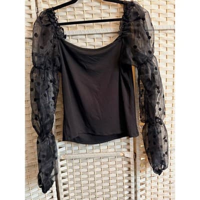 Eloquii Square Neckline Blouse Large Black NWOT Puff Sheer Polka Dot Sleeve - Thumbnail 10