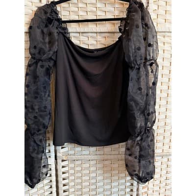Eloquii Square Neckline Blouse Large Black NWOT Puff Sheer Polka Dot Sleeve - Thumbnail 2