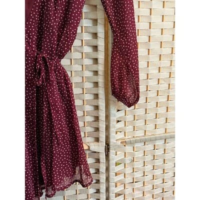 Abercrombie & Fitch Wrap Summer Dress XS Maroon Polka Dots Long Sleeve Mini - Thumbnail 4