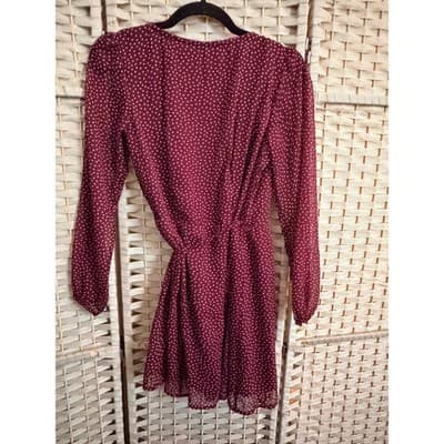 Abercrombie & Fitch Wrap Summer Dress XS Maroon Polka Dots Long Sleeve Mini - Thumbnail 9