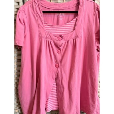 Blair Button Front Short Sleeve Plus Size Blouse Pink 2XL Casual Square Neckline - Thumbnail 2
