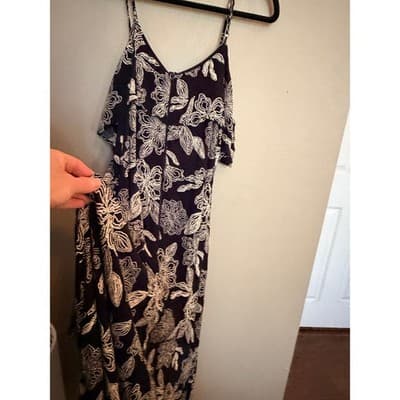 Rewind High Low Midi Dress XL Black White NWOT Cold Shoulder Floral Design - Thumbnail 16