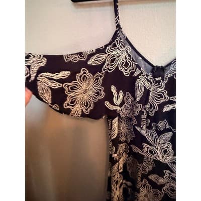 Rewind High Low Midi Dress XL Black White NWOT Cold Shoulder Floral Design - Thumbnail 11