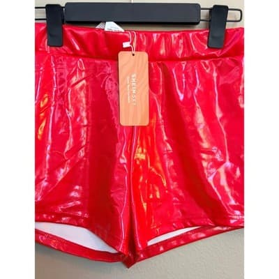 SHEIN Shiny Leather Shorts Large Red NWT High Rise Pull On Fitted - Thumbnail 2