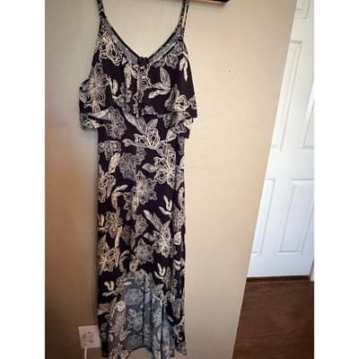 Rewind High Low Midi Dress XL Black White NWOT Cold Shoulder Floral Design - Thumbnail 2