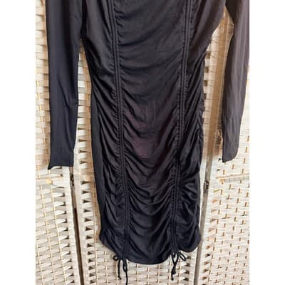 Heart & Hips Long Fitted Mini Dress Small Black Ruched Asymmetrical Bodycon - Thumbnail 4