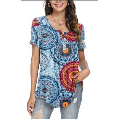 Popyoung Boho Print Short Sleeve Blouse Women’s 2XL Flowy Top EUC - Thumbnail 2