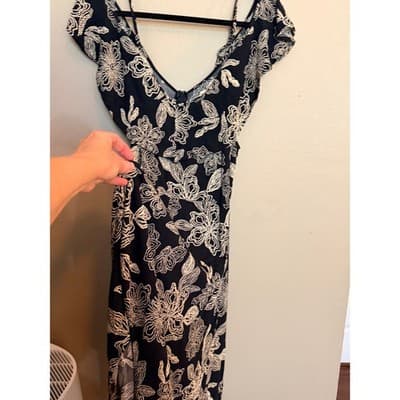 Rewind High Low Midi Dress XL Black White NWOT Cold Shoulder Floral Design - Thumbnail 19
