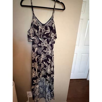 Rewind High Low Midi Dress XL Black White NWOT Cold Shoulder Floral Design - Thumbnail 4