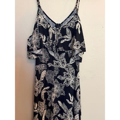 Rewind High Low Midi Dress XL Black White NWOT Cold Shoulder Floral Design - Thumbnail 5