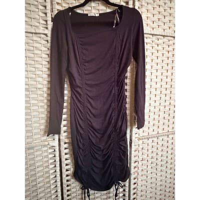 Heart & Hips Long Fitted Mini Dress Small Black Ruched Asymmetrical Bodycon - Thumbnail 2