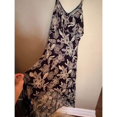 Rewind High Low Midi Dress XL Black White NWOT Cold Shoulder Floral Design - Thumbnail 10