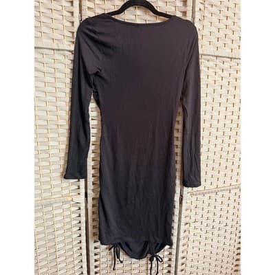 Heart & Hips Long Fitted Mini Dress Small Black Ruched Asymmetrical Bodycon - Thumbnail 7