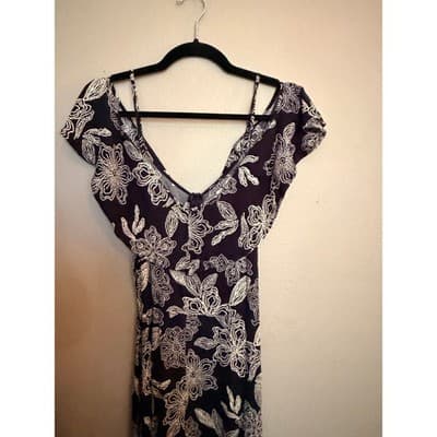 Rewind High Low Midi Dress XL Black White NWOT Cold Shoulder Floral Design - Thumbnail 3