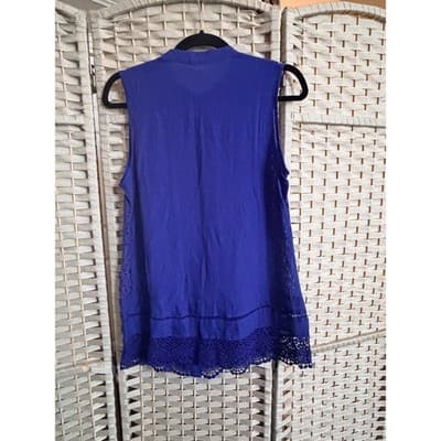 Adiva Summer Sleeveless Blouse Medium Blue Button Front Crochet Trim Details - Thumbnail 9