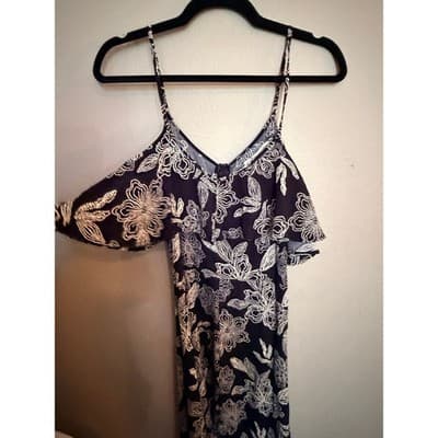 Rewind High Low Midi Dress XL Black White NWOT Cold Shoulder Floral Design - Thumbnail 13