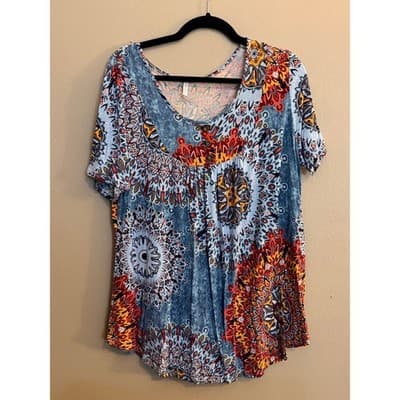 Popyoung Boho Print Short Sleeve Blouse Women’s 2XL Flowy Top EUC - Thumbnail 3