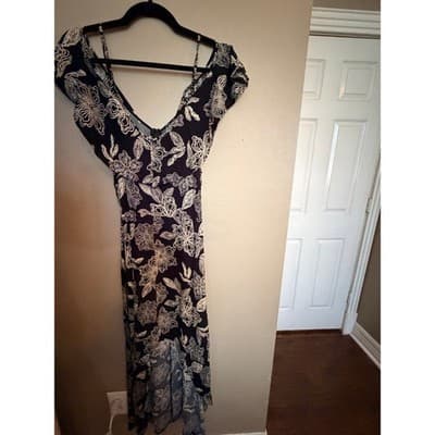 Rewind High Low Midi Dress XL Black White NWOT Cold Shoulder Floral Design - Thumbnail 20
