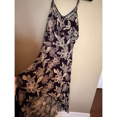 Rewind High Low Midi Dress XL Black White NWOT Cold Shoulder Floral Design - Thumbnail 9