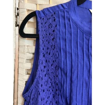Adiva Summer Sleeveless Blouse Medium Blue Button Front Crochet Trim Details - Thumbnail 6