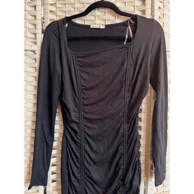 Heart & Hips Long Fitted Mini Dress Small Black Ruched Asymmetrical Bodycon - Thumbnail 3