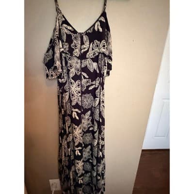 Rewind High Low Midi Dress XL Black White NWOT Cold Shoulder Floral Design - Thumbnail 23