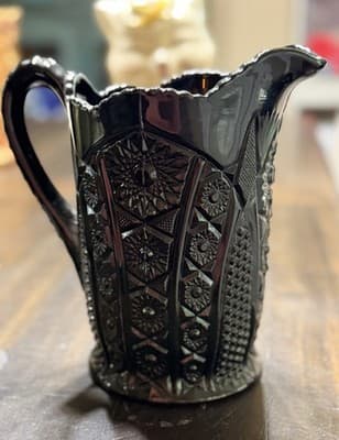 VTG INDIANA WESTMORELAND CARNIVAL Tiara Black Monarch Paneled Daisy Pitcher 8" - Thumbnail 4