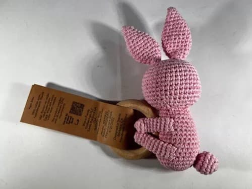 NEW Wabi Kids Crochet Bunny Wooden Teething Ring and Rattle Pink Baby 3 month up - Thumbnail 2