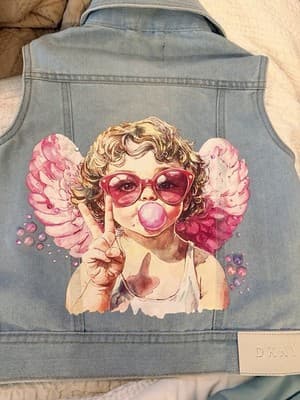 Custom Design Girls Denim Jacket Vest DKNY Upstyled Boutique 1/1 Angel Bubbles - Thumbnail 12