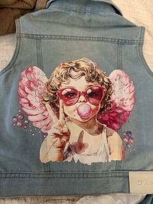 Custom Design Girls Denim Jacket Vest DKNY Upstyled Boutique 1/1 Angel Bubbles - Thumbnail 6