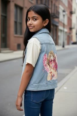 Custom Design Girls Denim Jacket Vest DKNY Upstyled Boutique 1/1 Angel Bubbles - Thumbnail 2
