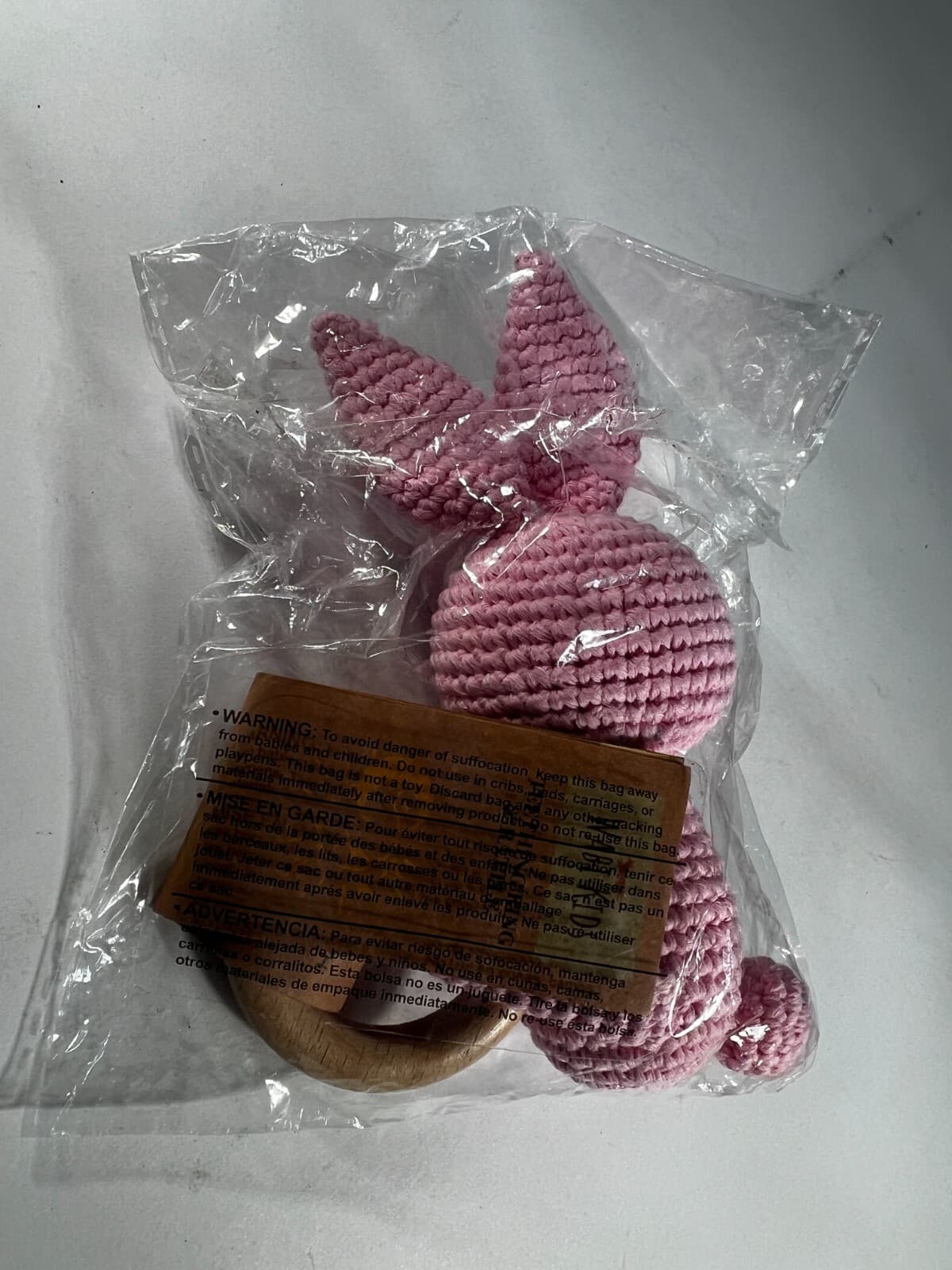 NEW Wabi Kids Crochet Bunny Wooden Teething Ring and Rattle Pink Baby 3 month up - Thumbnail 6