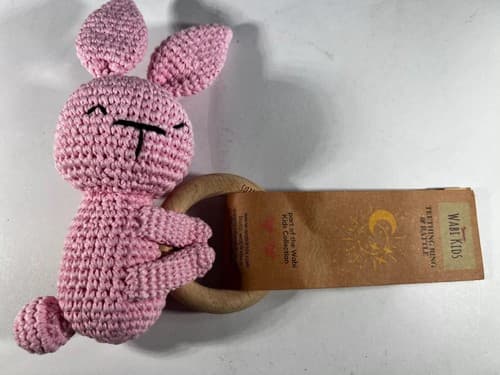 NEW Wabi Kids Crochet Bunny Wooden Teething Ring and Rattle Pink Baby 3 month up