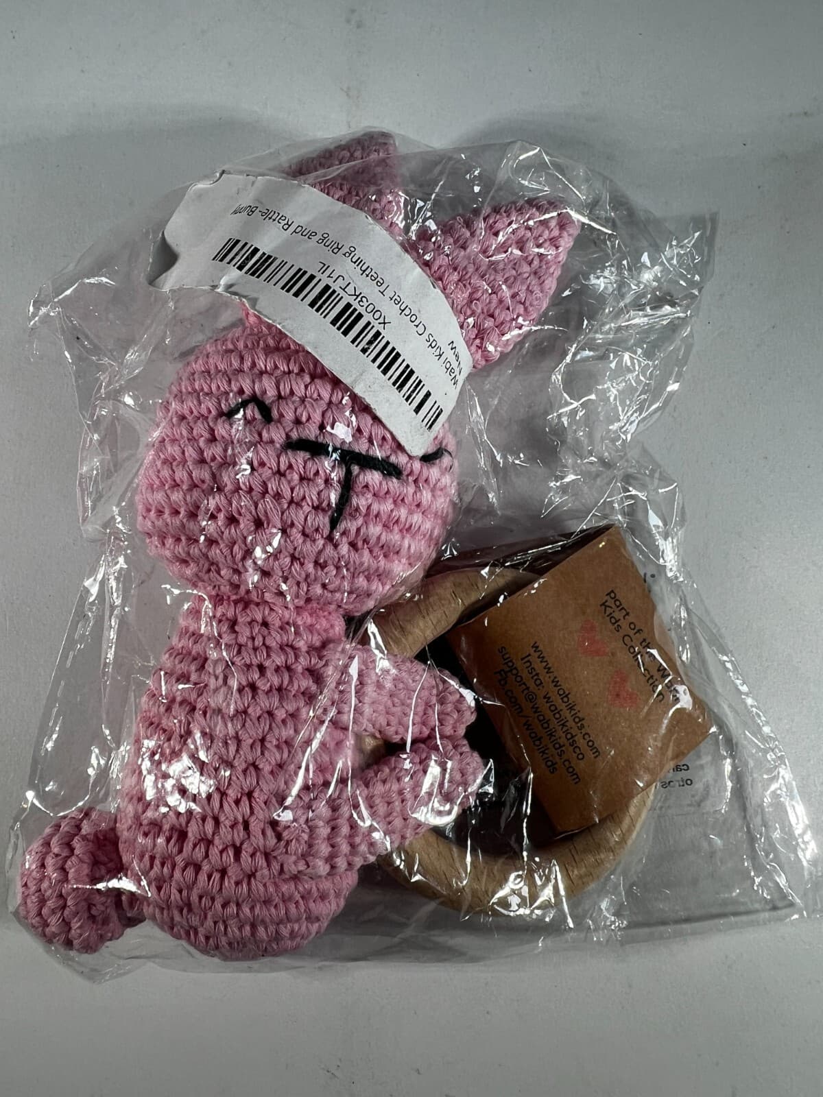 NEW Wabi Kids Crochet Bunny Wooden Teething Ring and Rattle Pink Baby 3 month up - Thumbnail 3