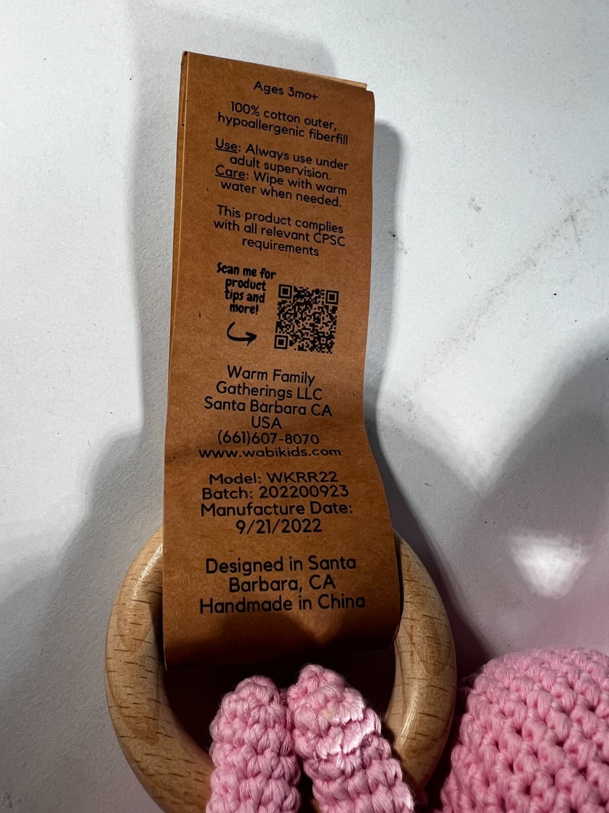 NEW Wabi Kids Crochet Bunny Wooden Teething Ring and Rattle Pink Baby 3 month up - Thumbnail 7