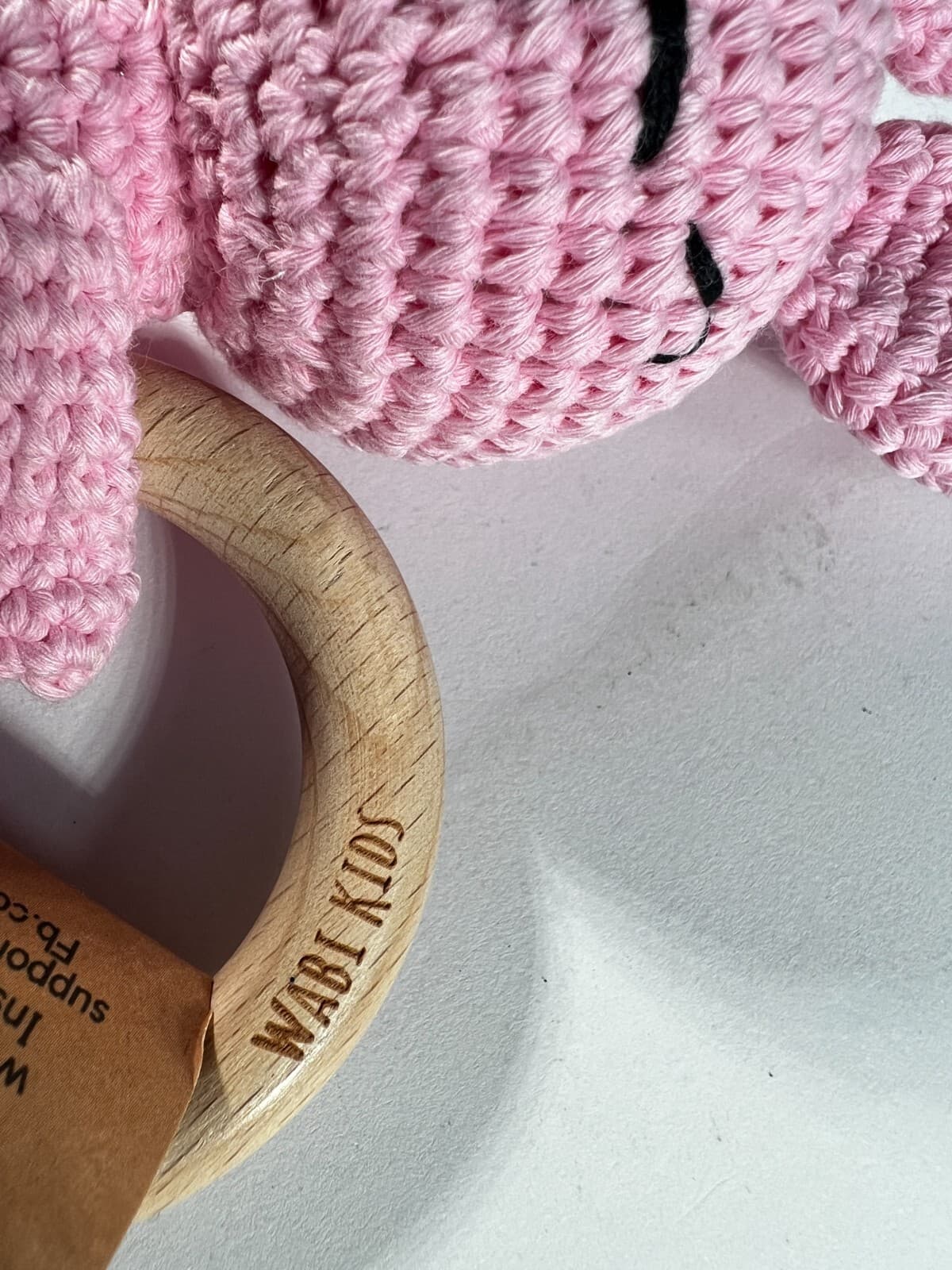 NEW Wabi Kids Crochet Bunny Wooden Teething Ring and Rattle Pink Baby 3 month up - Thumbnail 8
