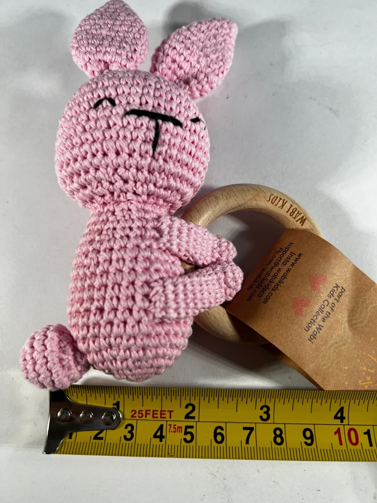 NEW Wabi Kids Crochet Bunny Wooden Teething Ring and Rattle Pink Baby 3 month up - Thumbnail 10