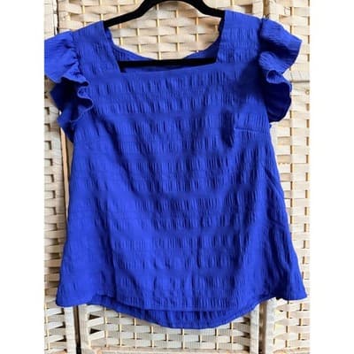 Women's Square Neck Summer Blouse Blue M NWOT Casual Loose Ruffled Cap Sleeve - Thumbnail 3