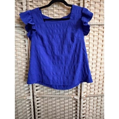 Women's Square Neck Summer Blouse Blue M NWOT Casual Loose Ruffled Cap Sleeve - Thumbnail 2